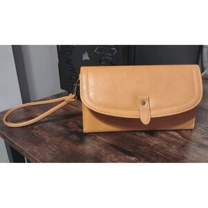 Mustard Tan Vegan Leather Trifold Wristlet Clutch Wallet Chevron Lining